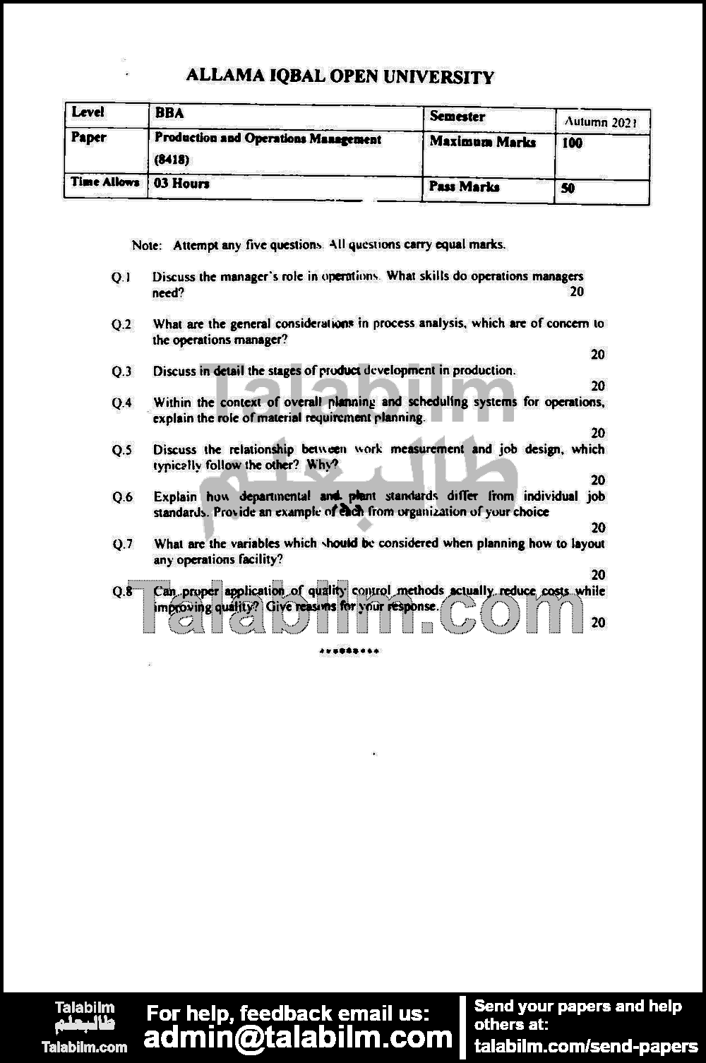 Production & Operations Management 8418 past paper for Autumn 2021