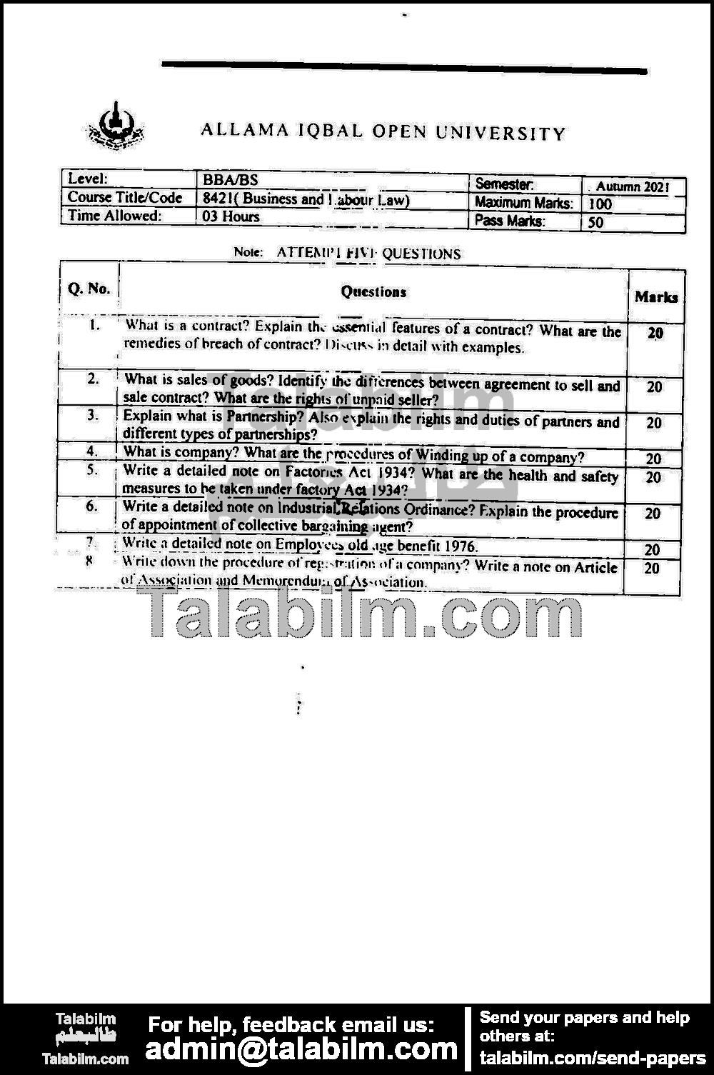 Business and Labor Laws 8421 past paper for Autumn 2021