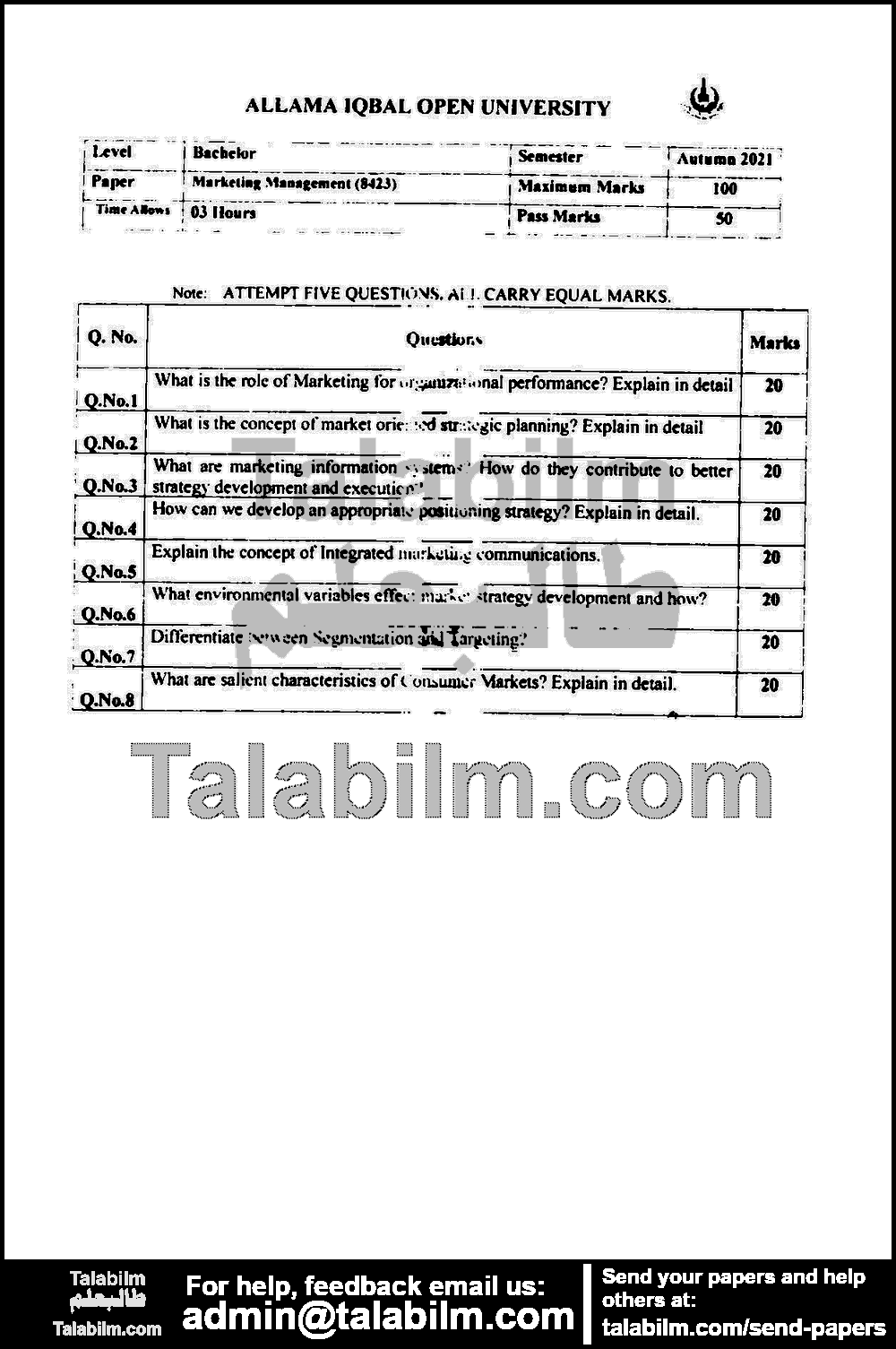 Marketing Management 8423 past paper for Autumn 2021