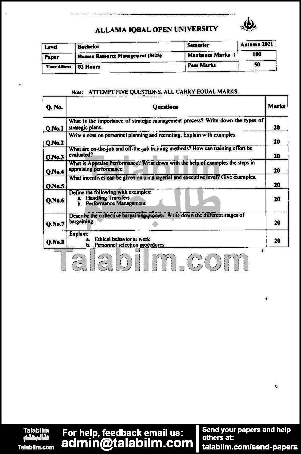 Human Resource Management 8425 past paper for Autumn 2021