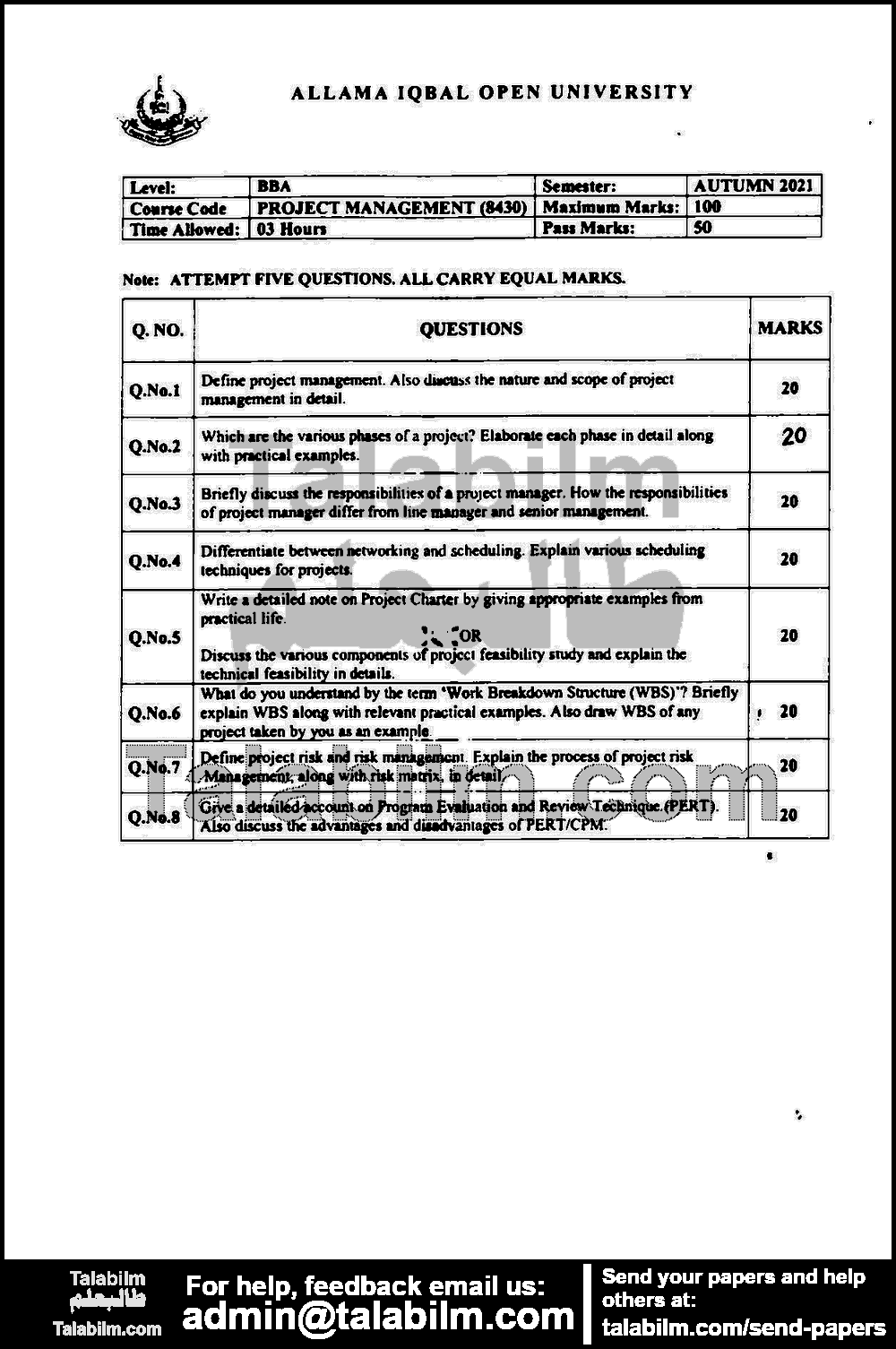 Project Management 8430 past paper for Autumn 2021