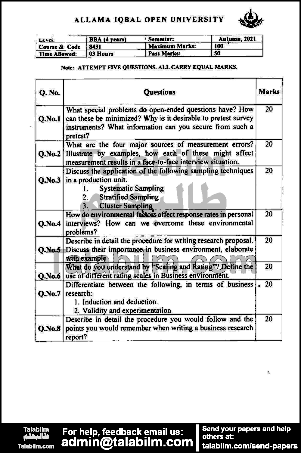 Business Research 8431 past paper for Autumn 2021