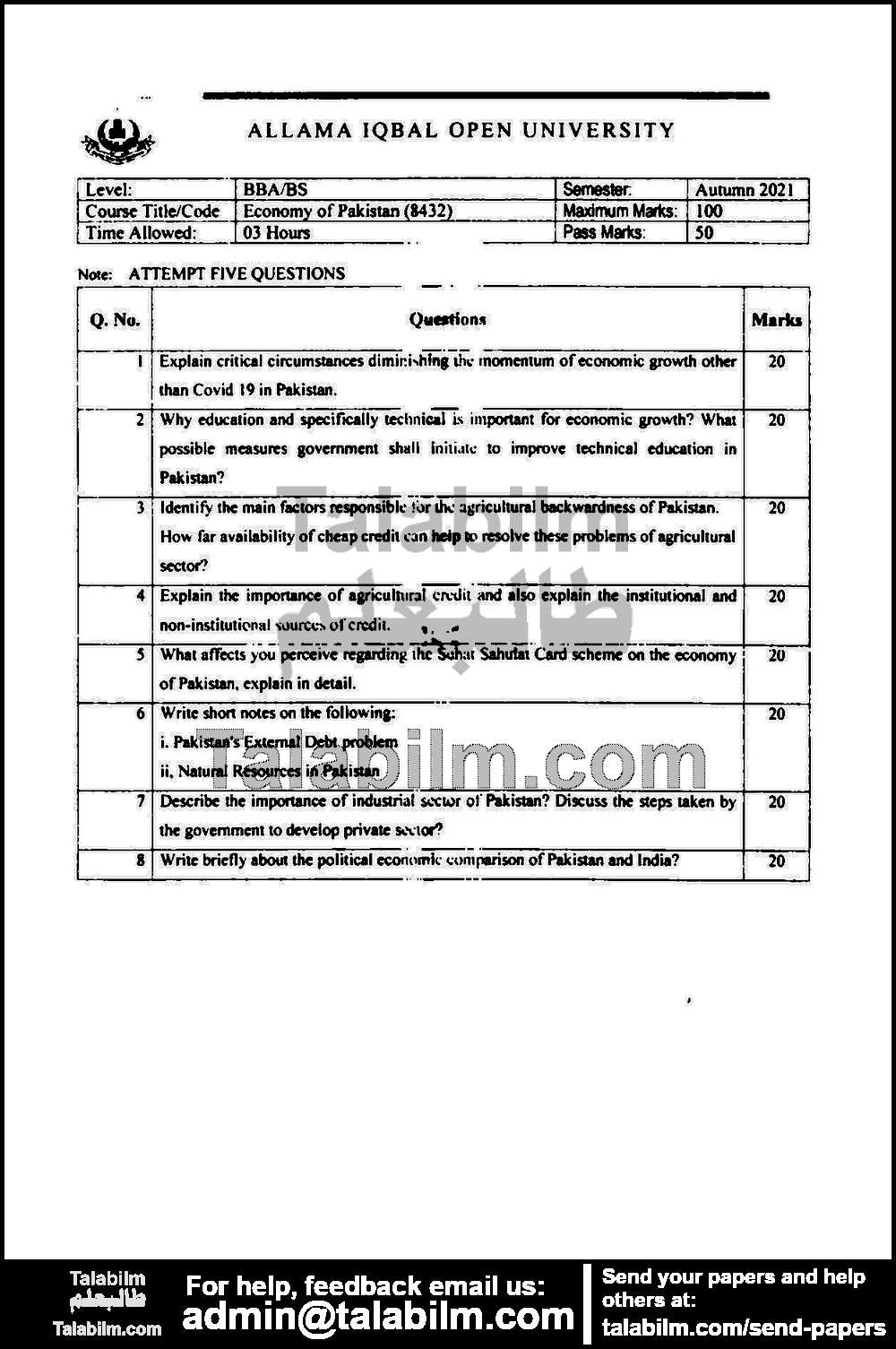 Economy of Pakistan 8432 past paper for Autumn 2021 Page No. 2