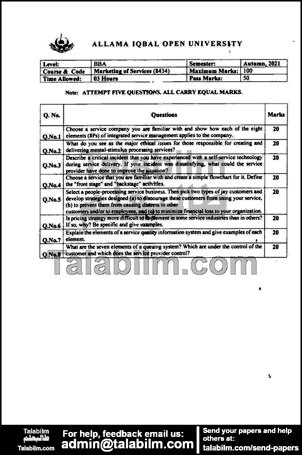 Marketing of Services 8434 past paper for Autumn 2021