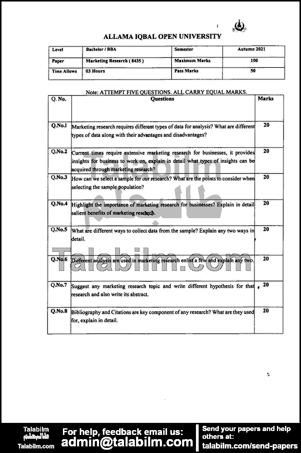 Marketing Research 8435 past paper for Autumn 2021