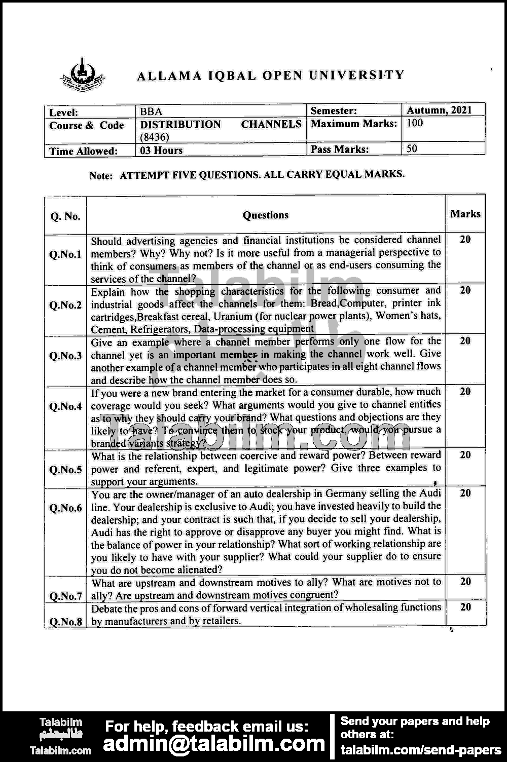 Distribution Channels 8436 past paper for Autumn 2021