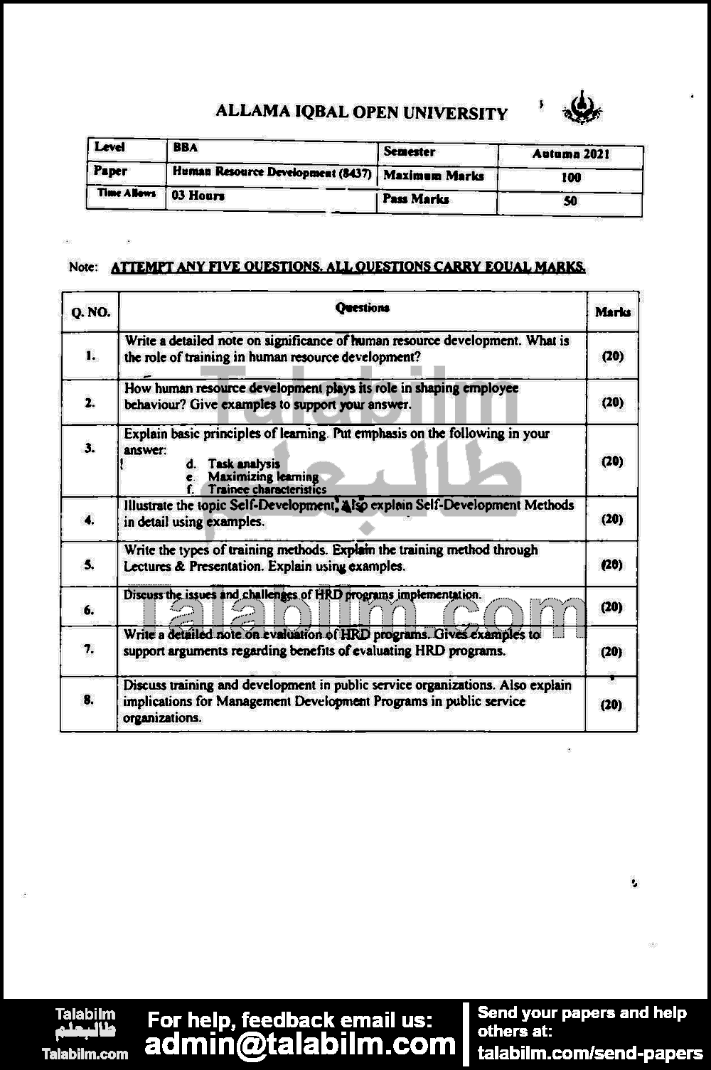 Human Resource Development 8437 past paper for Autumn 2021