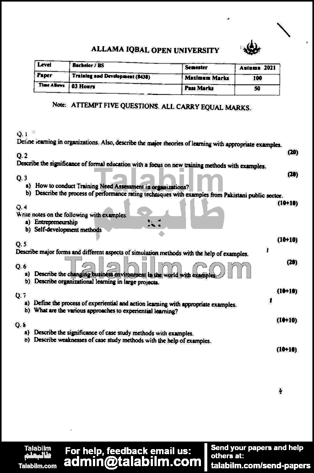 Training and Development 8438 past paper for Autumn 2021