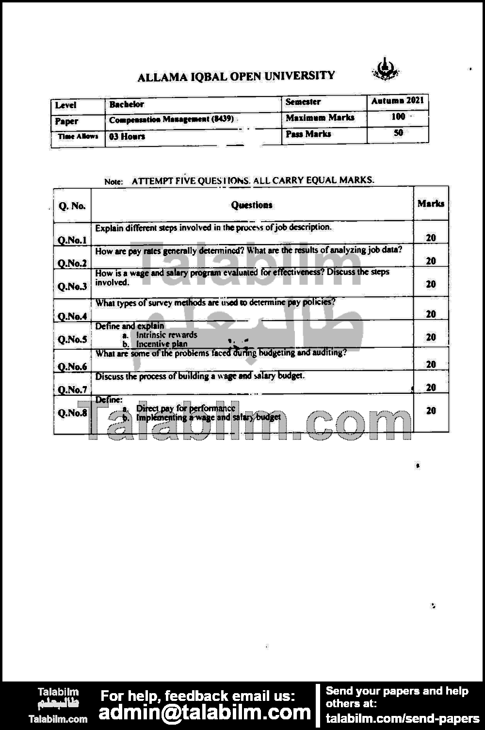 Compensation Management 8439 past paper for Autumn 2021