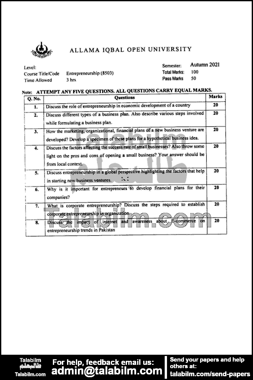 Entrepreneurship 8503 past paper for Autumn 2021 Page No. 2