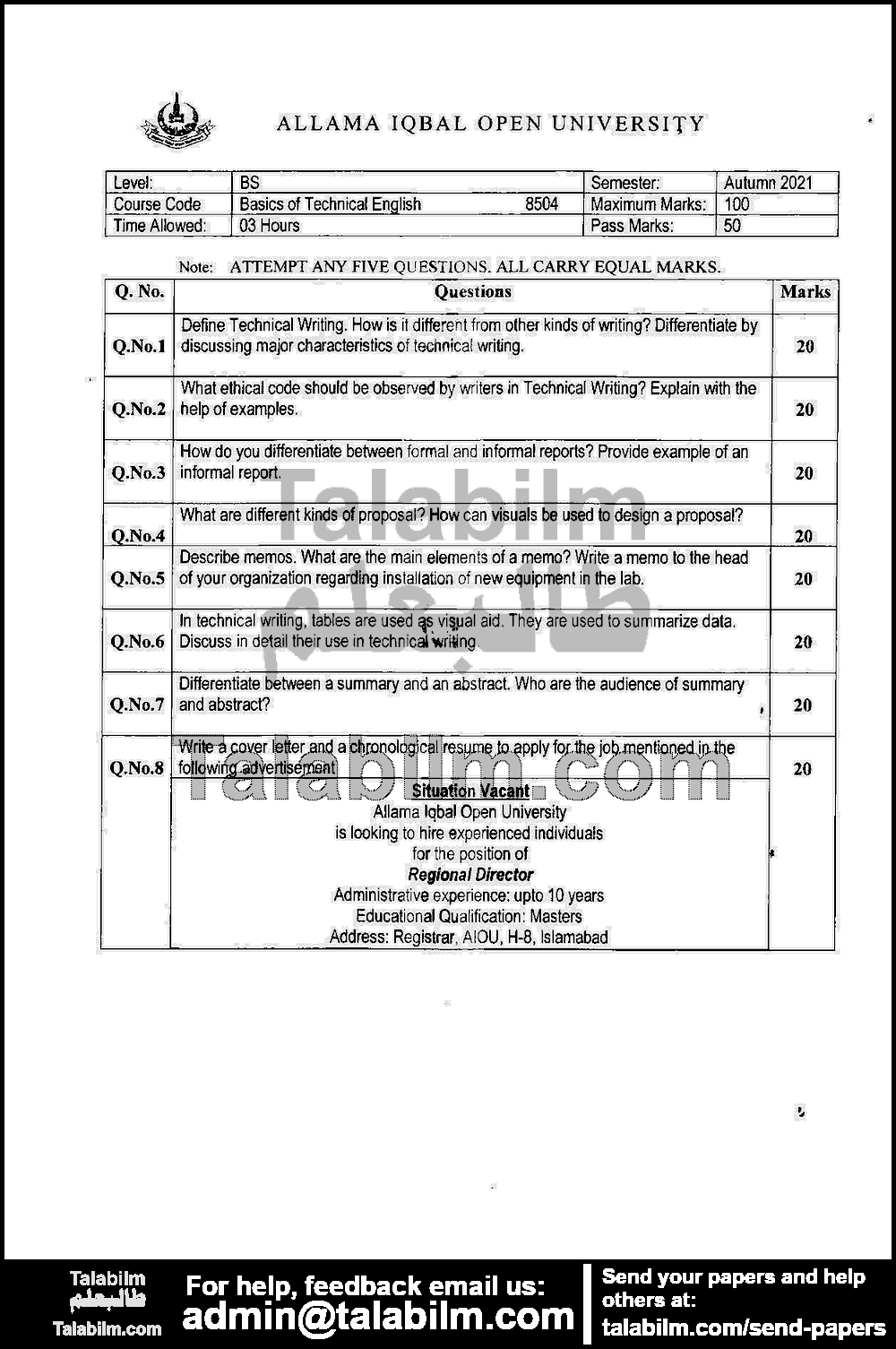 Basics of Technical English 8504 past paper for Autumn 2021 Page No. 2