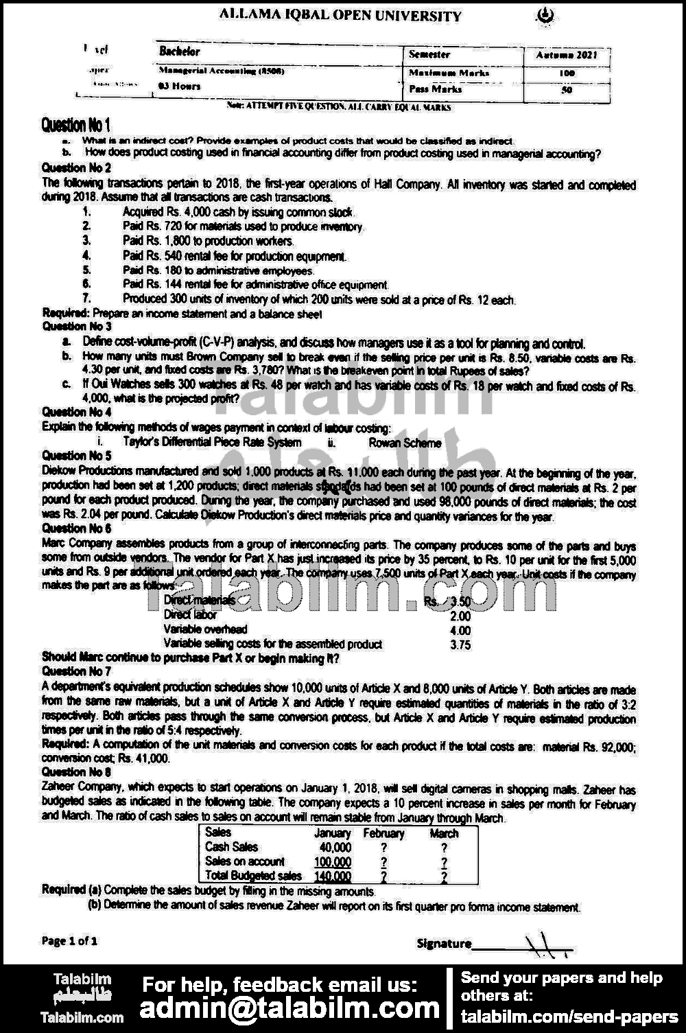 Managerial Accounting 8508 past paper for Autumn 2021 Page No. 2