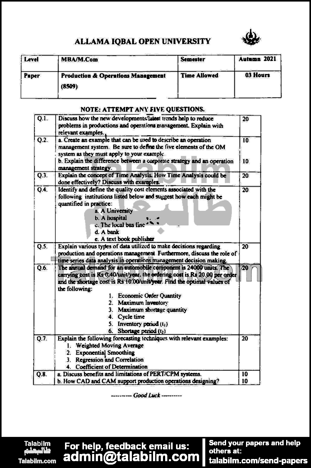 Production & Operations Management 8509 past paper for Autumn 2021 Page No. 2