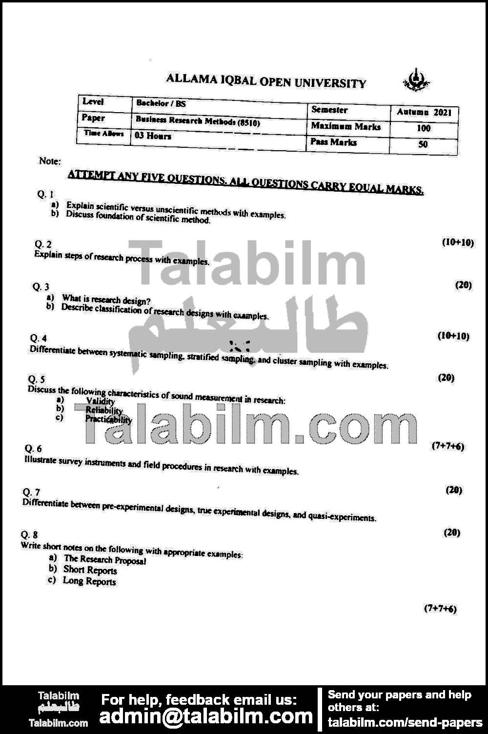 Business Research 8510 past paper for Autumn 2021 Page No. 2