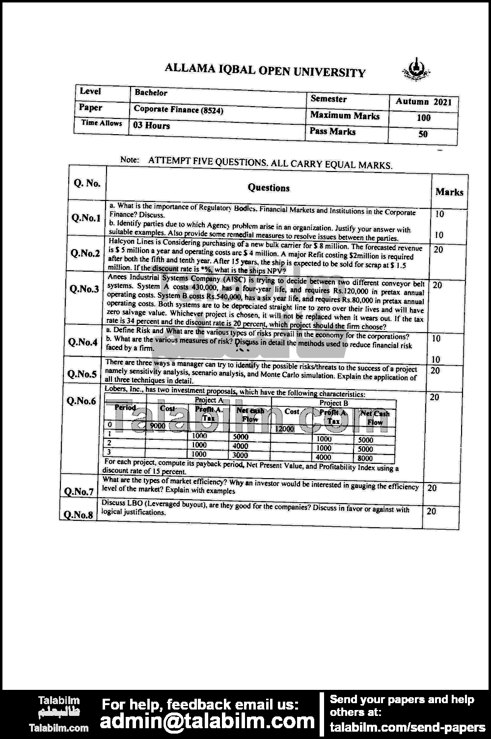 Corporate Finance 8524 past paper for Autumn 2021 Page No. 2