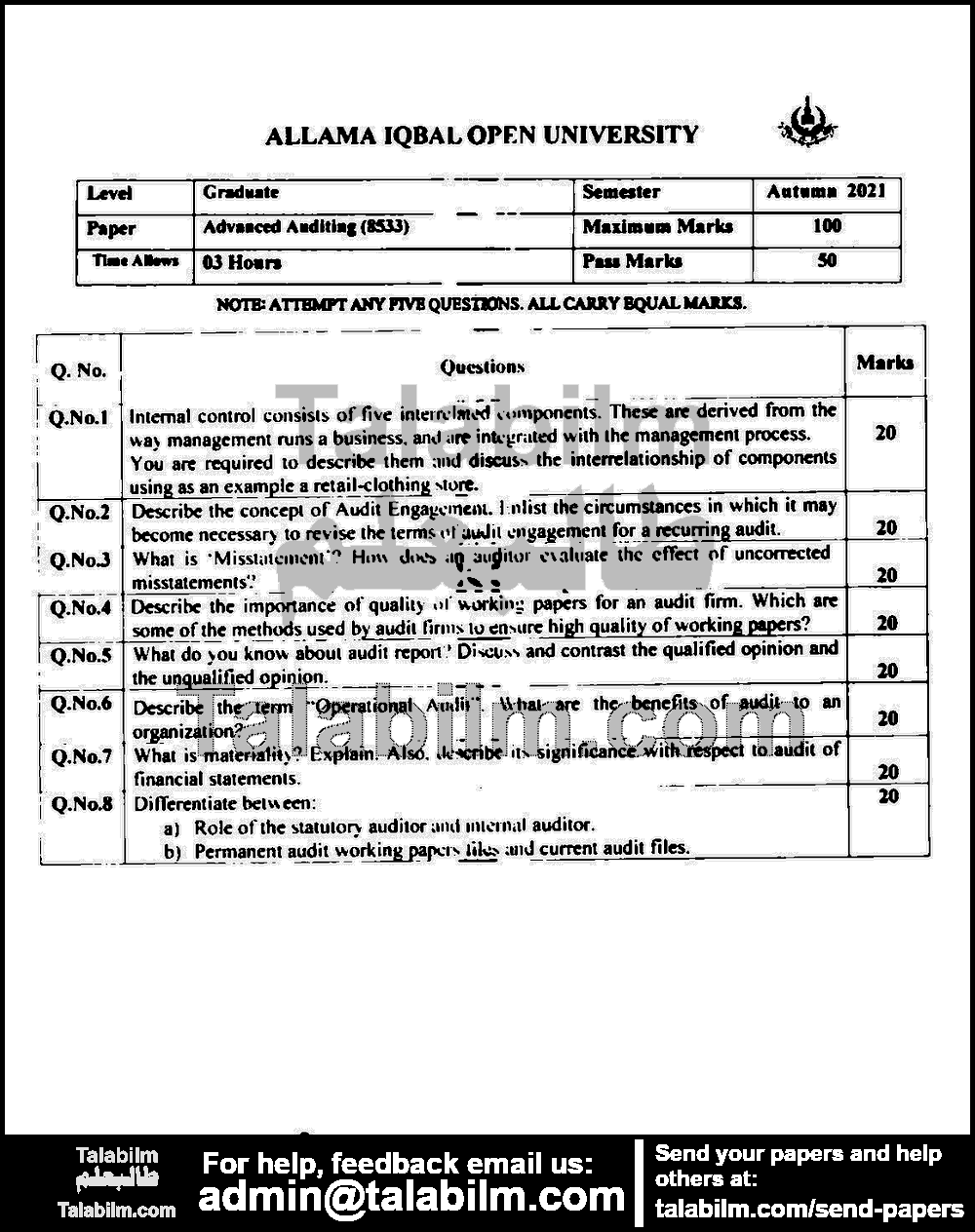 Advanced Auditing 8533 past paper for Autumn 2021 Page No. 2