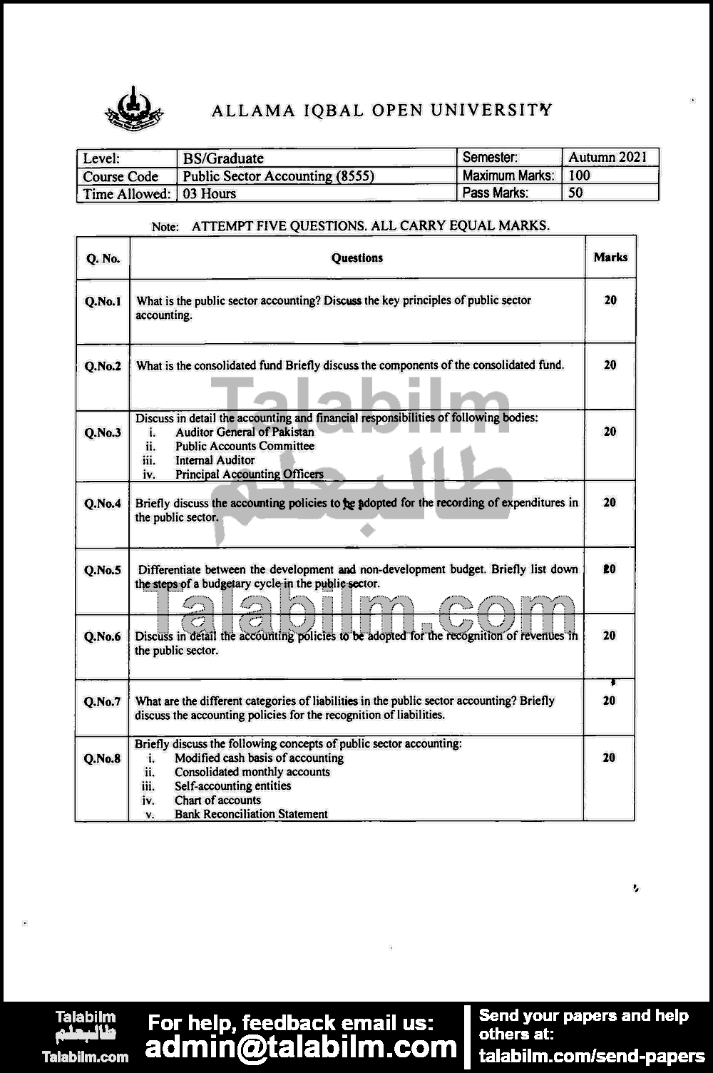 Public Sector Accounting 8555 past paper for Autumn 2021 Page No. 2