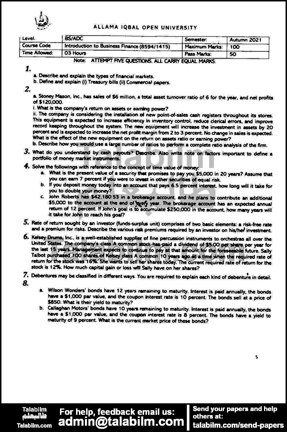 Introduction to Business Finance 8594 past paper for Autumn 2021