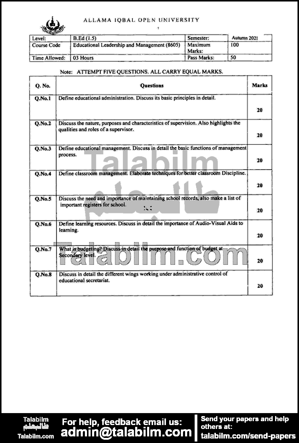 Educational Leadership and Management (Professional) 8605 past paper for Autumn 2021 Page No. 2