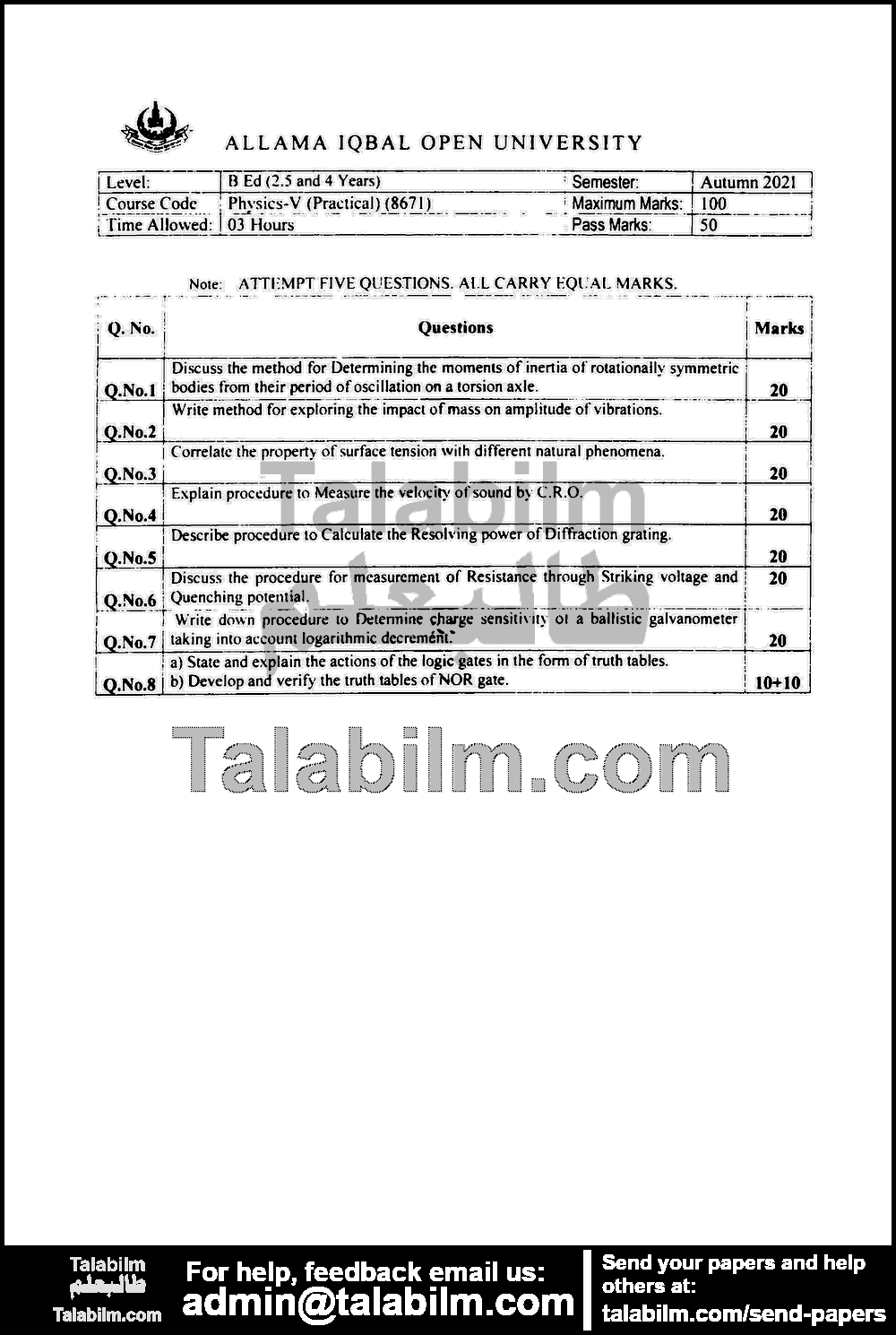 Physics-V 8671 past paper for Autumn 2021