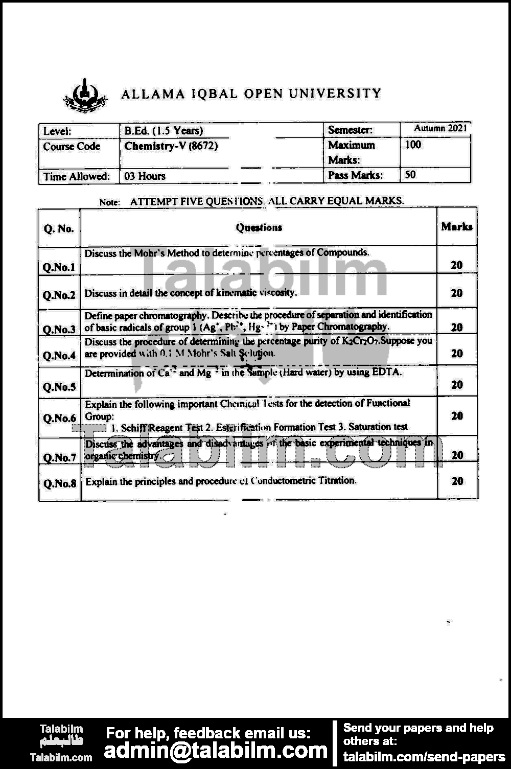 Chemistry-V 8672 past paper for Autumn 2021