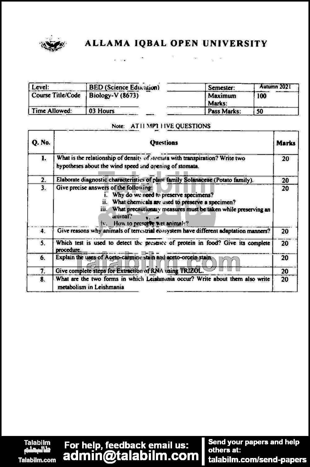 Biology-V 8673 past paper for Autumn 2021