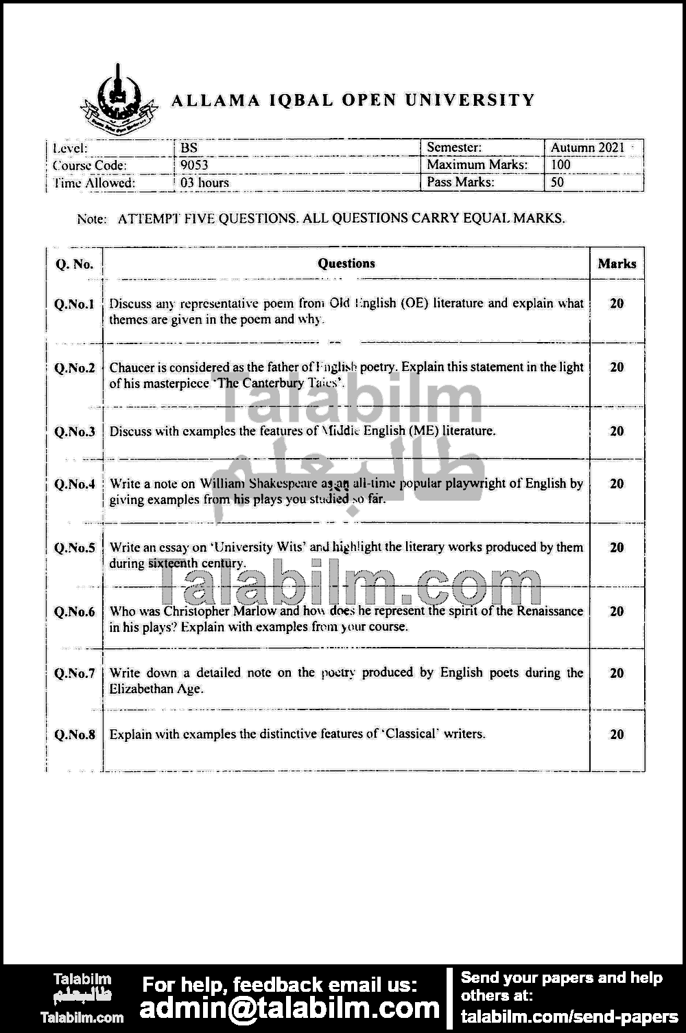 History of English Literature 9053 past paper for Autumn 2021