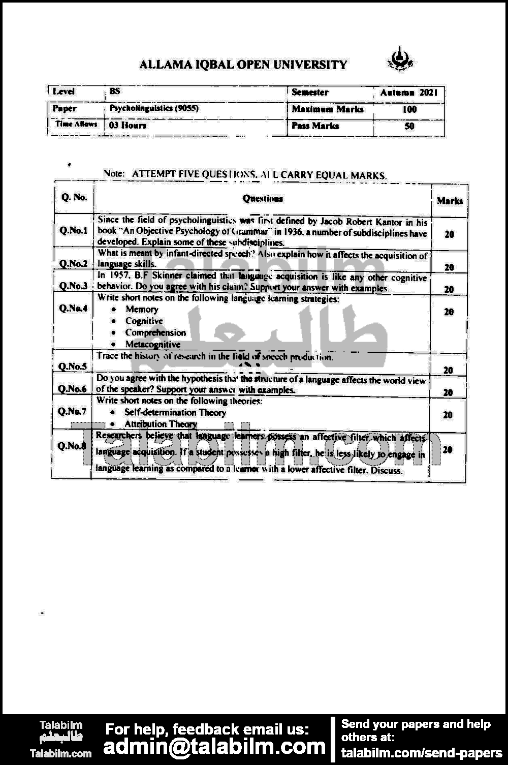 Psycholinguistics 9055 past paper for Autumn 2021