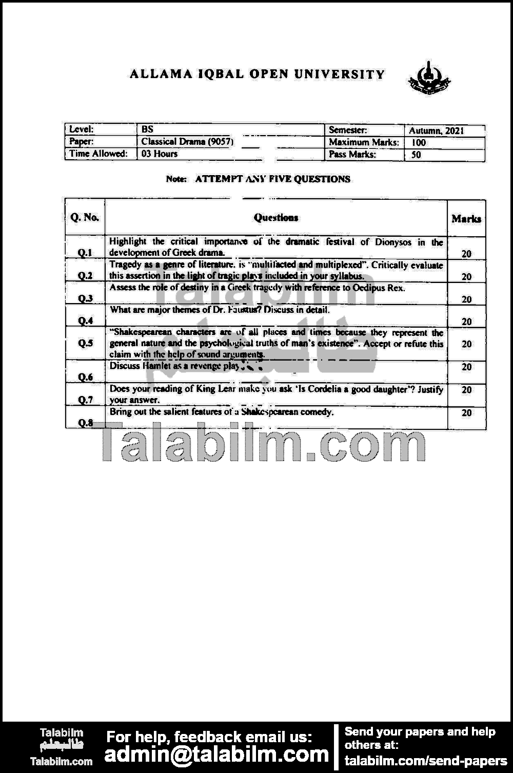 Classical Drama 9057 past paper for Autumn 2021