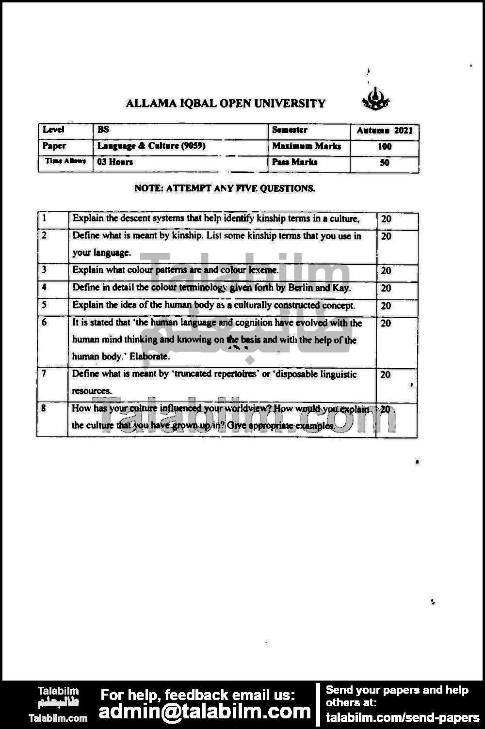 Language & Culture 9059 past paper for Autumn 2021