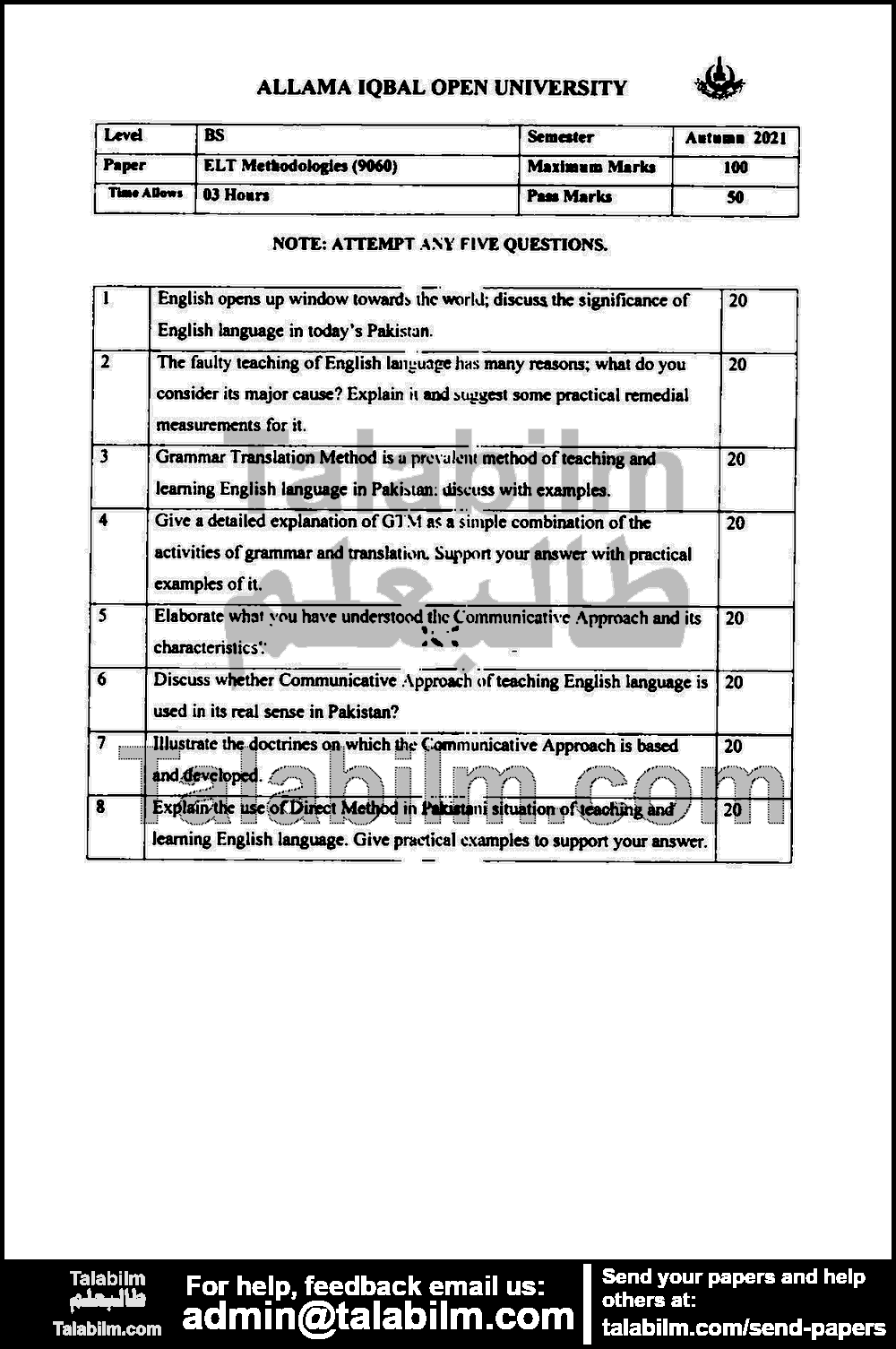 ELT Methodologies 9060 past paper for Autumn 2021