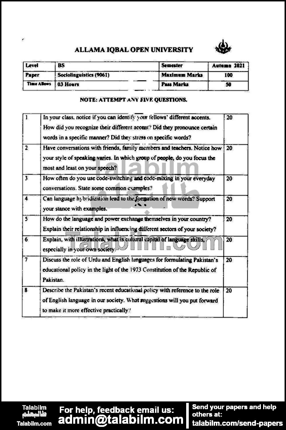 Sociolinguistics 9061 past paper for Autumn 2021