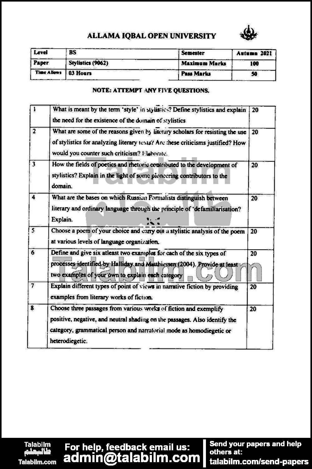 Stylistics 9062 past paper for Autumn 2021