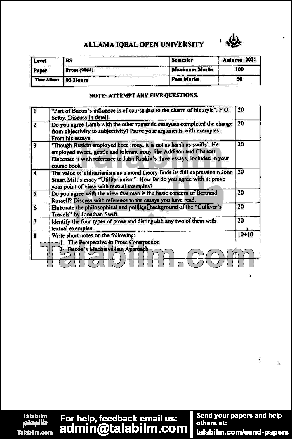 Prose 9064 past paper for Autumn 2021