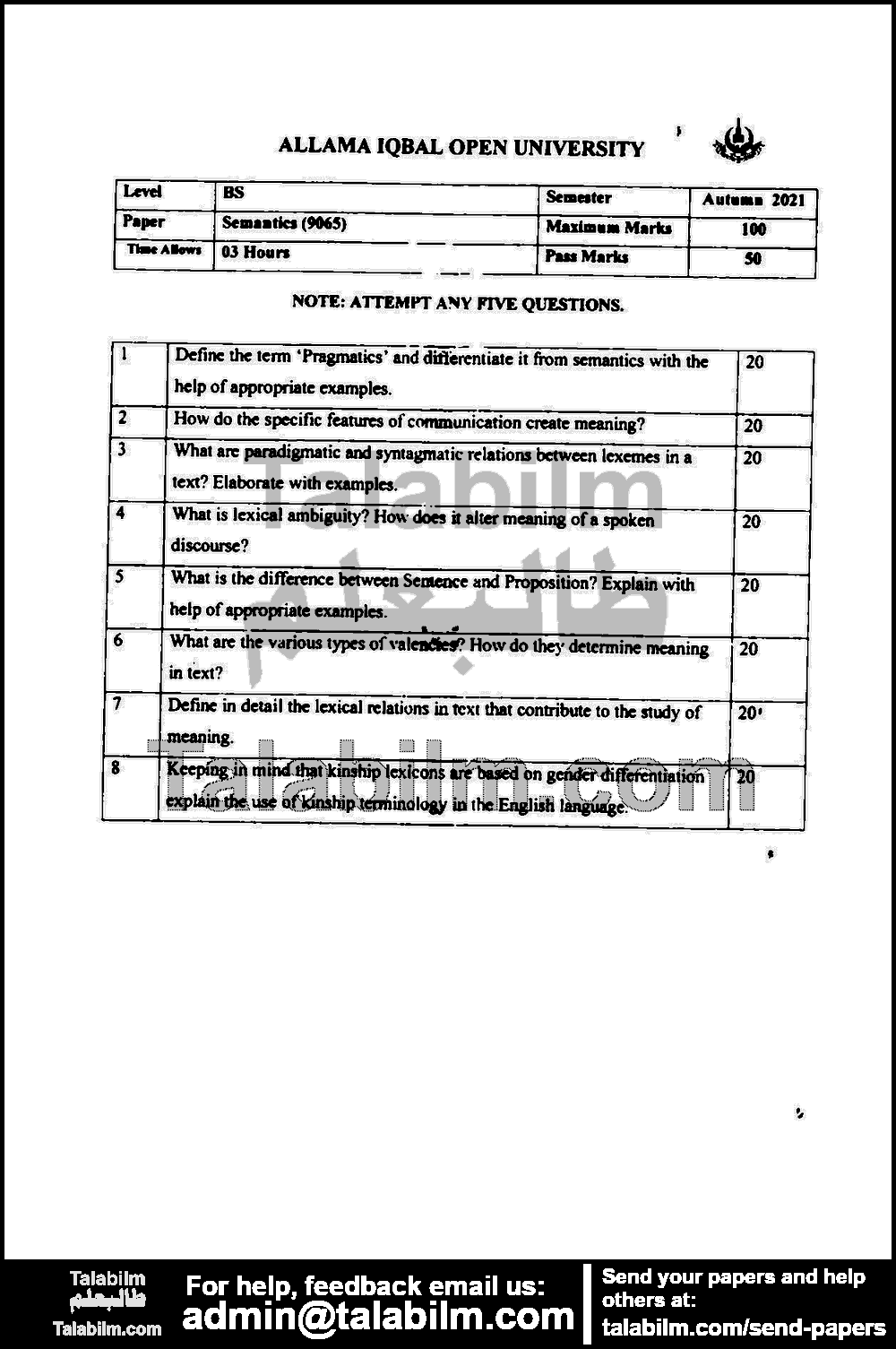 Semantics 9065 past paper for Autumn 2021