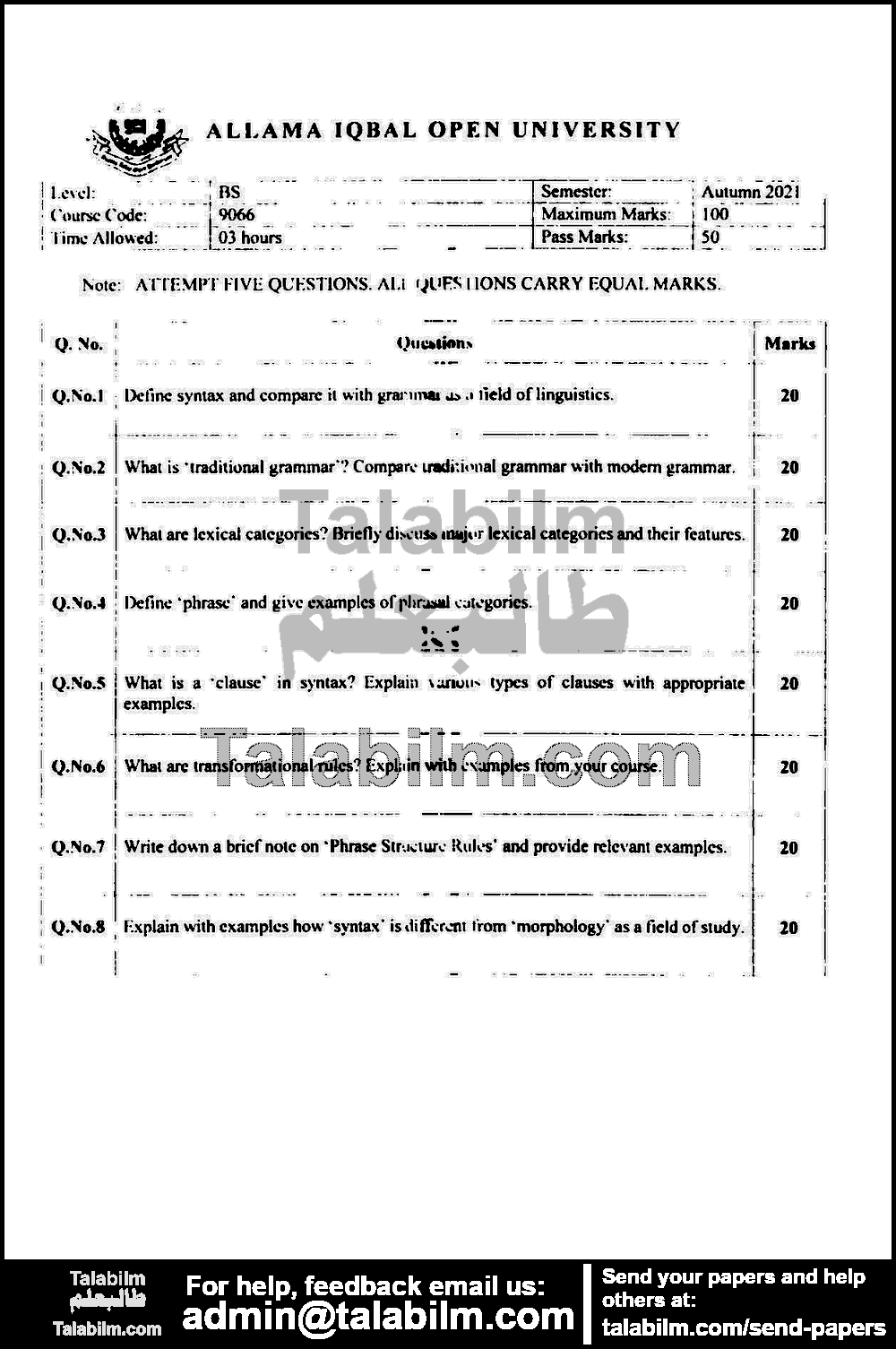 Syntax 9066 past paper for Autumn 2021