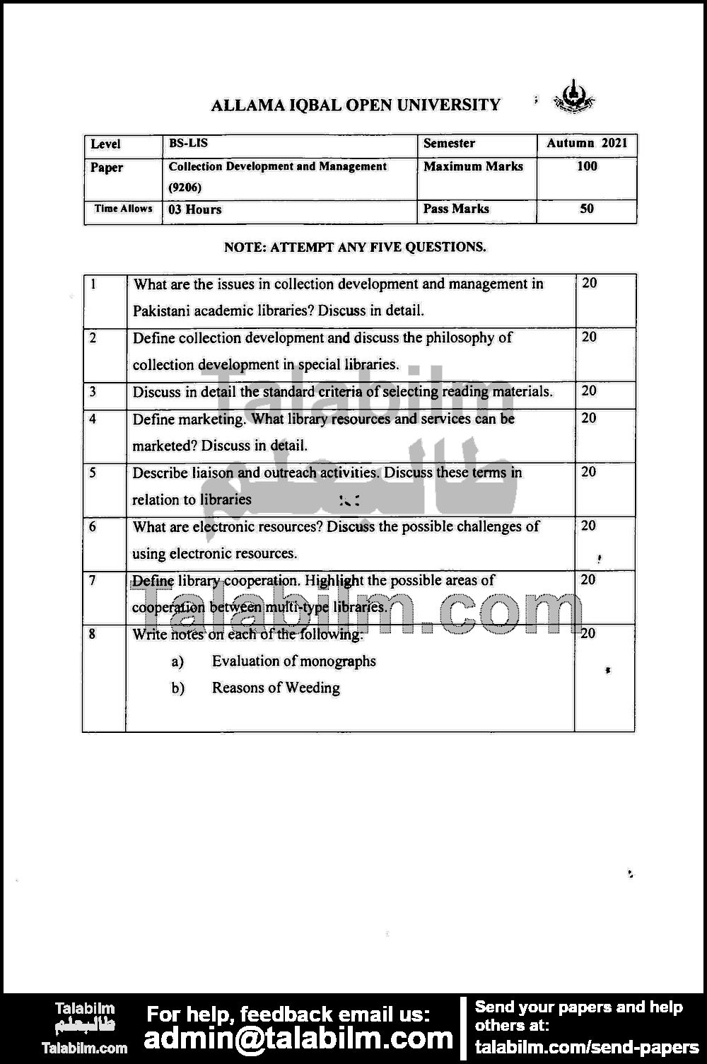 Collection Development and Management 9206 past paper for Autumn 2021