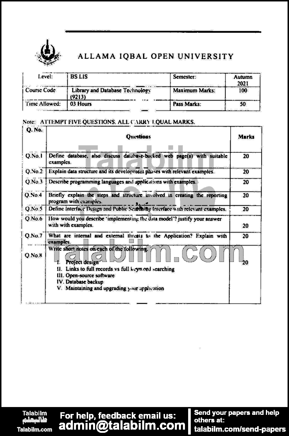 Library and Database Technology 9213 past paper for Autumn 2021