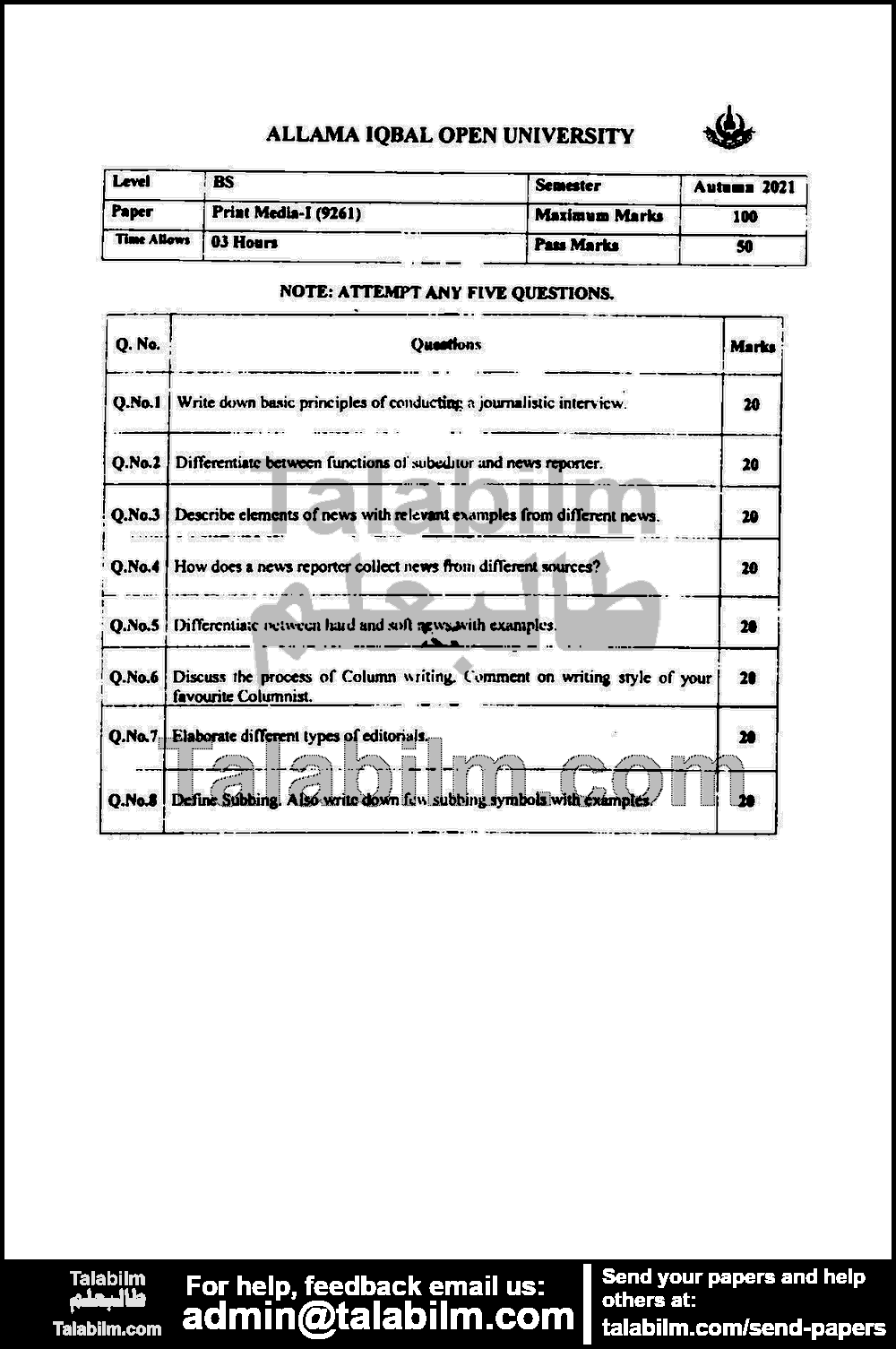 Print Media (Part - 1) 9261 past paper for Autumn 2021