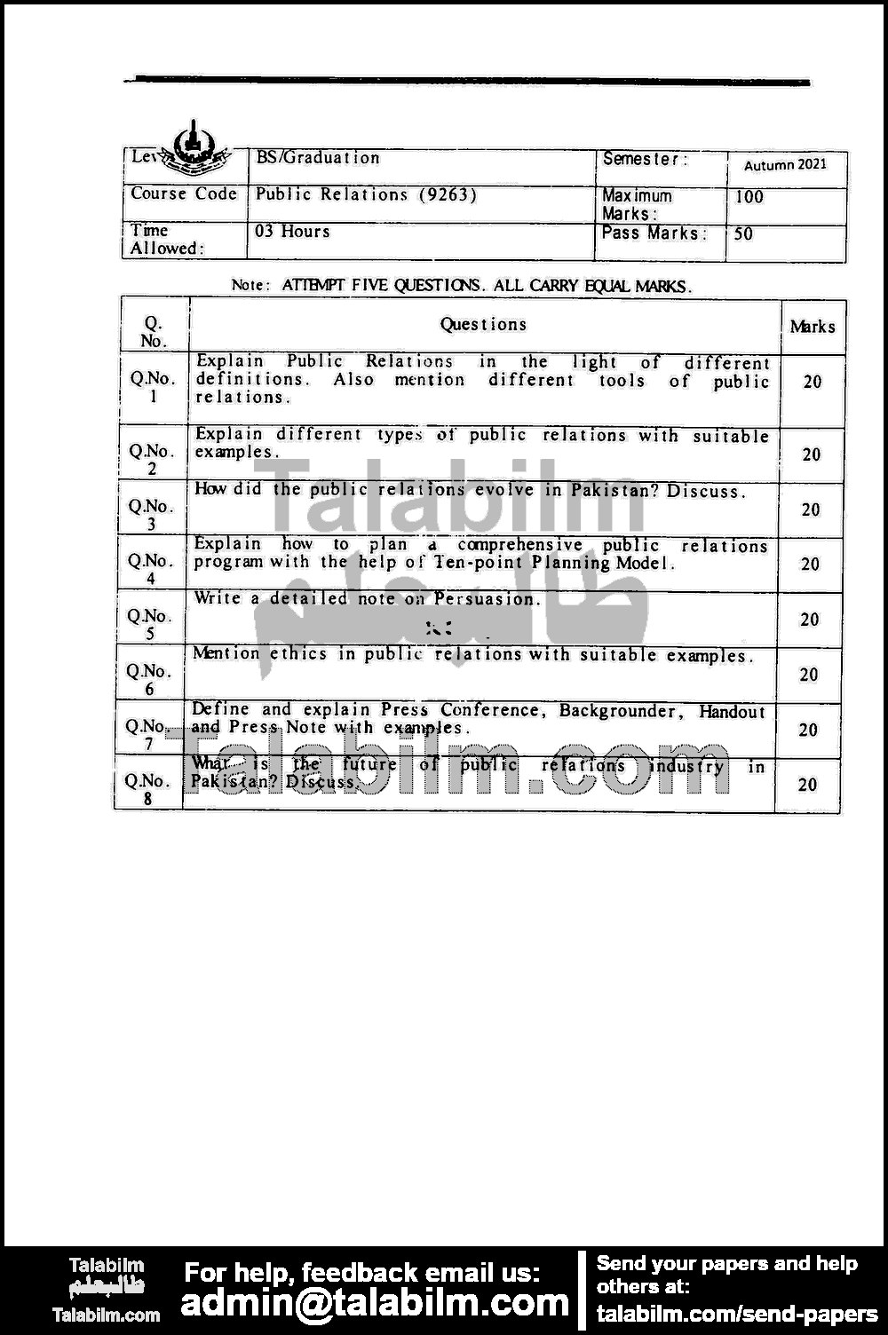 Public Relations 9263 past paper for Autumn 2021