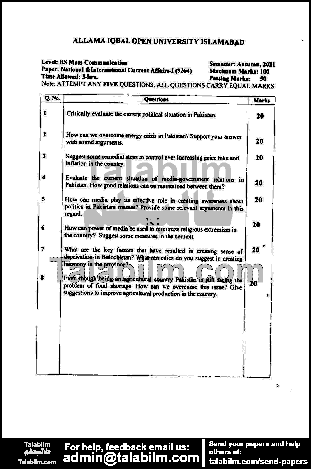 National & International Current Affairs (Part-1) 9264 past paper for Autumn 2021