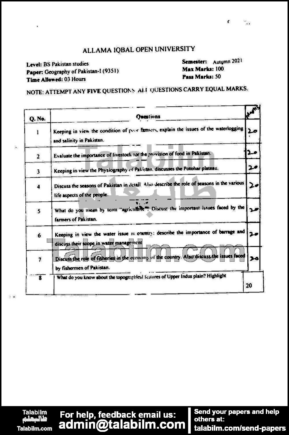 Geography of Pakistan I (M.C) 9351 past paper for Autumn 2021