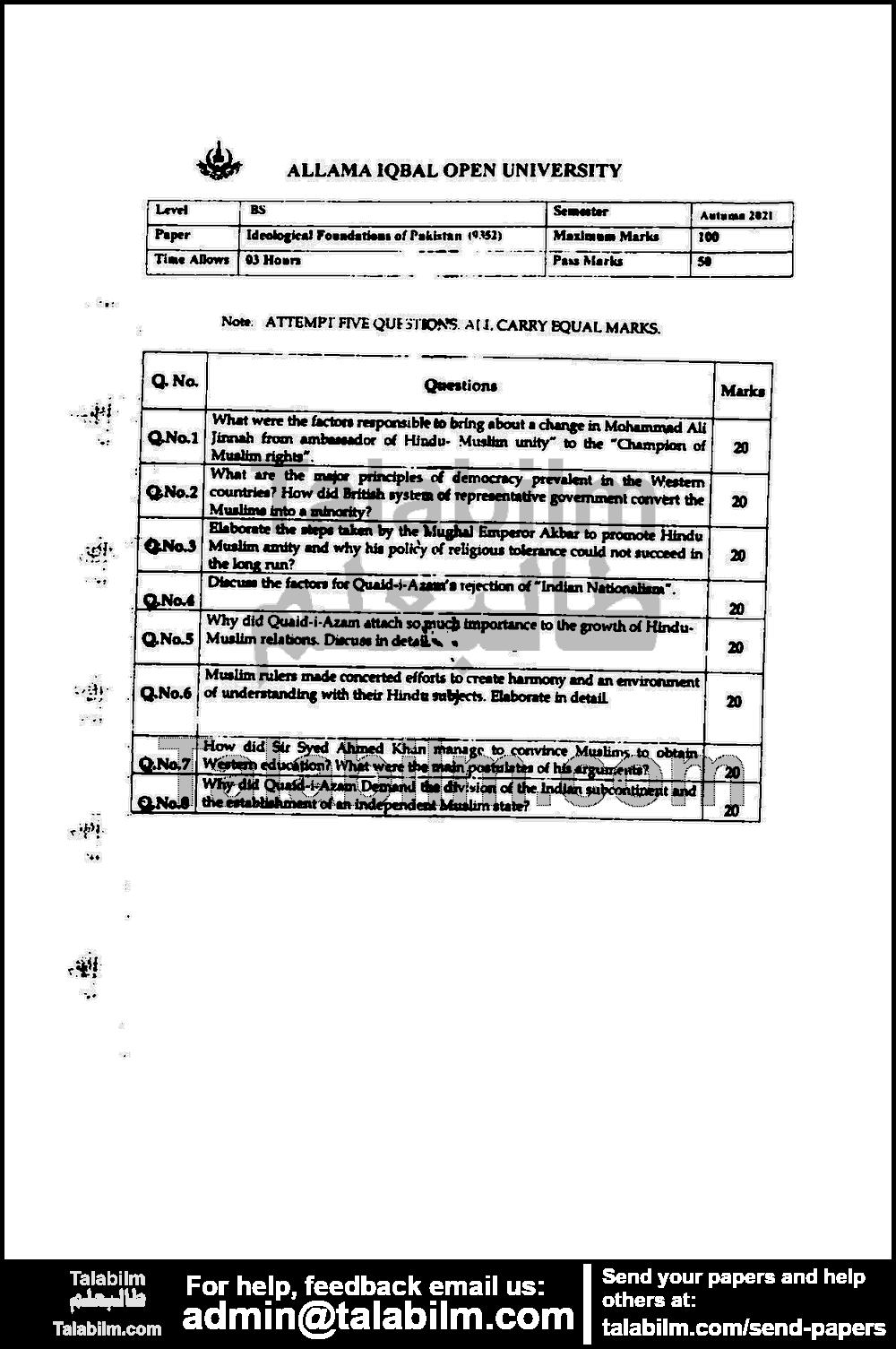 Ideological Foundations of Pakistan (M.C) 9352 past paper for Autumn 2021