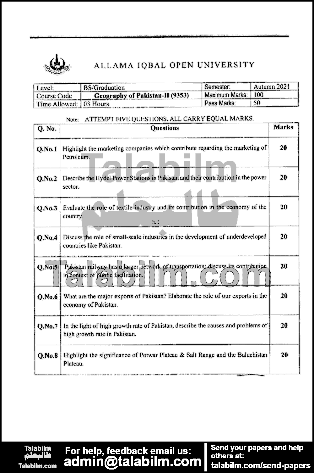 Geography of Pakistan II (M.C) 9353 past paper for Autumn 2021