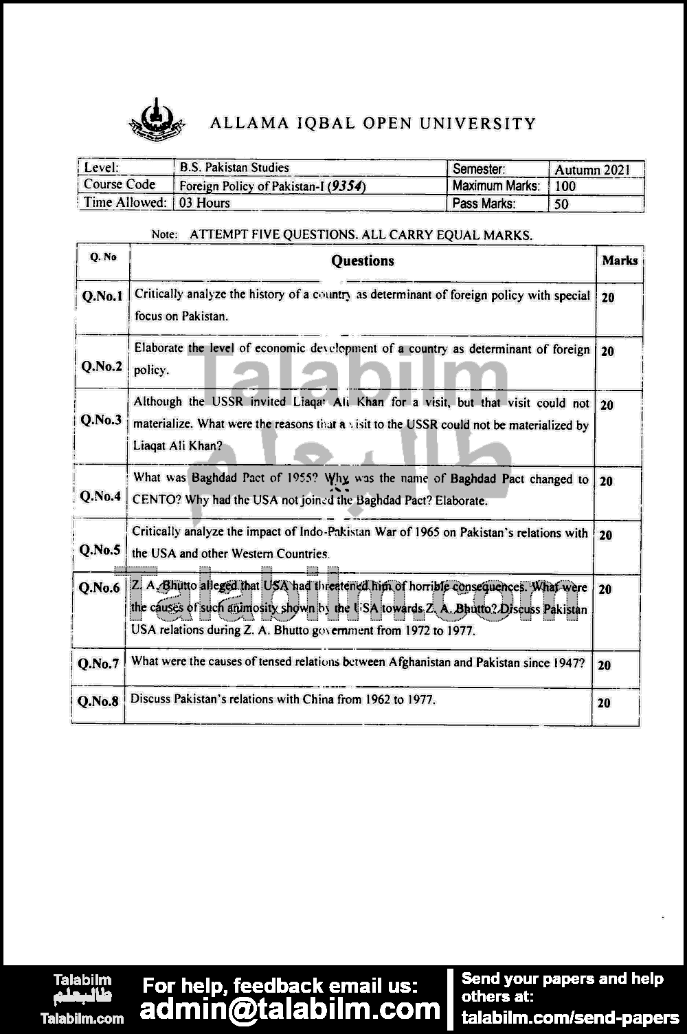 Foreign Policy of Pakistan I (M.C) 9354 past paper for Autumn 2021