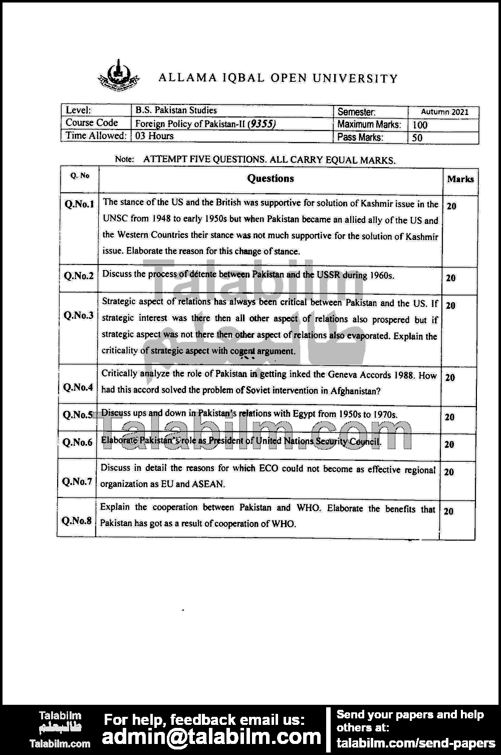 Foreign Policy of Pakistan II (M.C) 9355 past paper for Autumn 2021