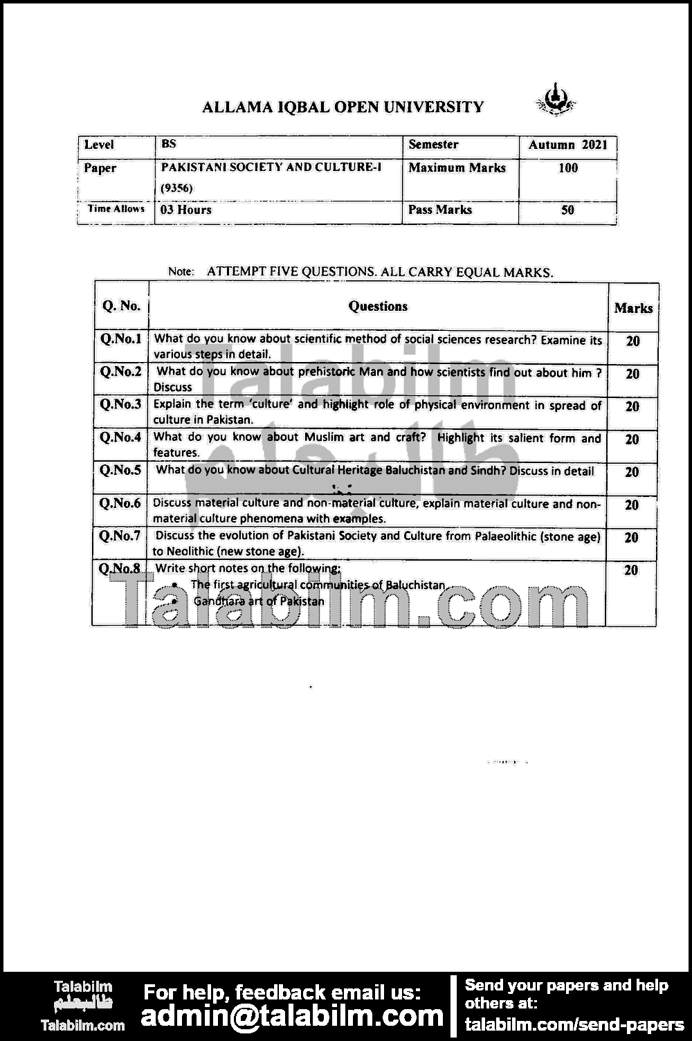 Pakistani Society and Culture I (M.C) 9356 past paper for Autumn 2021