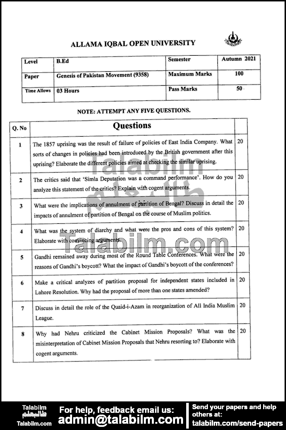 Genesis of Pakistan Movement (M.C) 9358 past paper for Autumn 2021