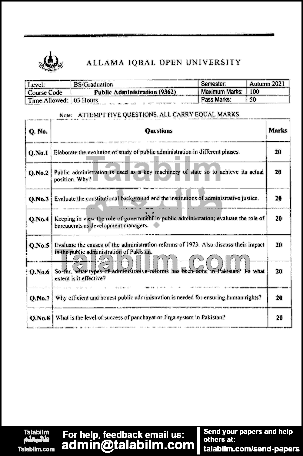 Public Administration (M.C) 9362 past paper for Autumn 2021