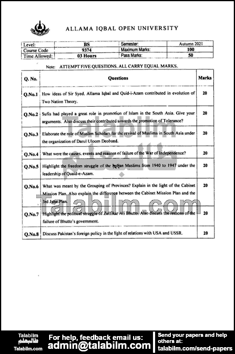 Pakistan Studies 9374 past paper for Autumn 2021 Page No. 2